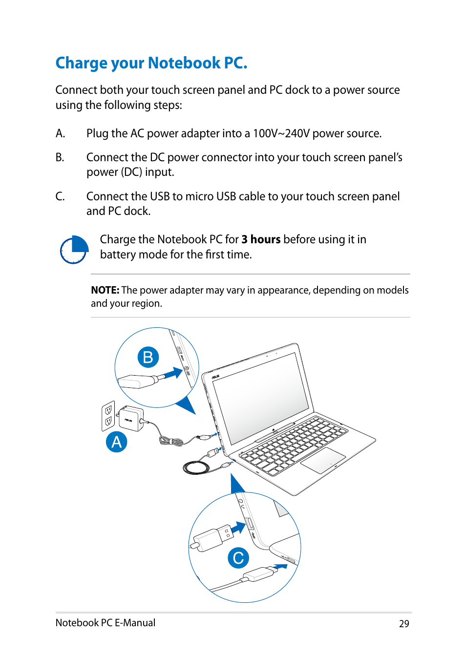 Charge your notebook pc | Asus T300LA User Manual | Page 29 / 120