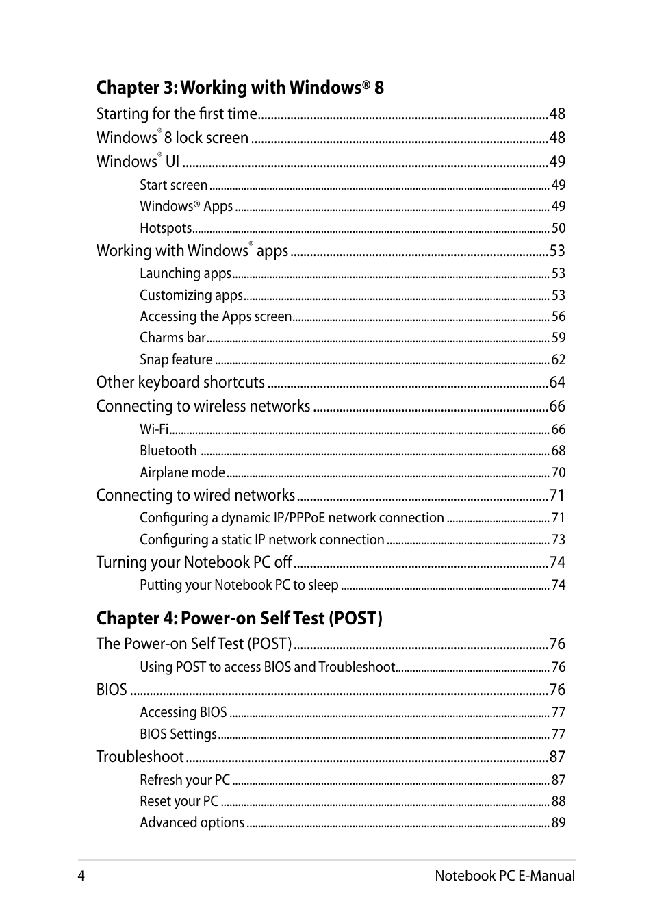 Chapter 3: working with windows® 8, Chapter 4: power-on self test (post) | Asus T300LA User Manual | Page 4 / 120