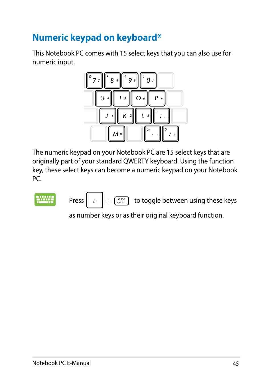 Numeric keypad on keyboard | Asus T300LA User Manual | Page 45 / 120