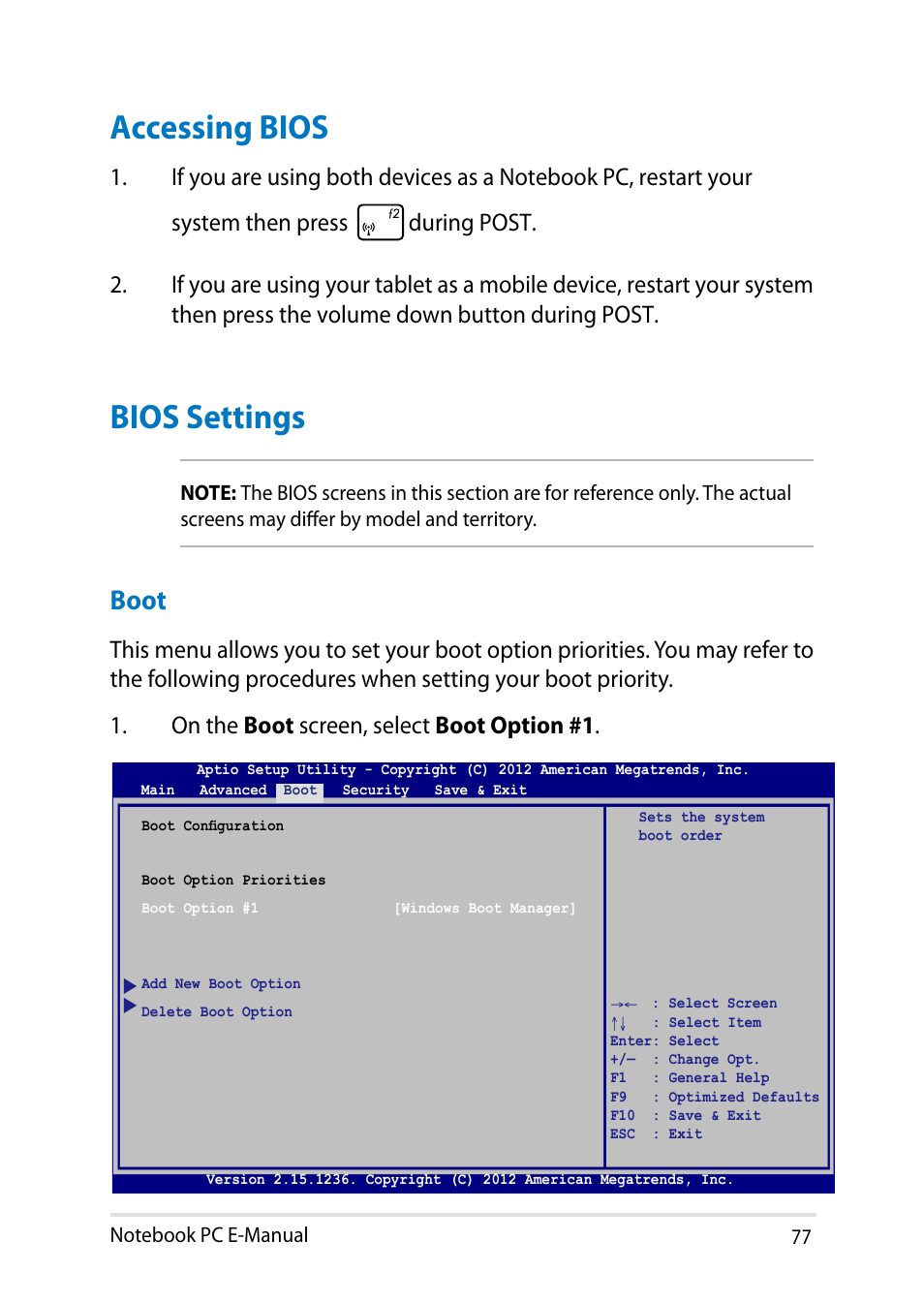 Accessing bios, Bios settings, Accessing bios bios settings | Boot | Asus T300LA User Manual | Page 77 / 120