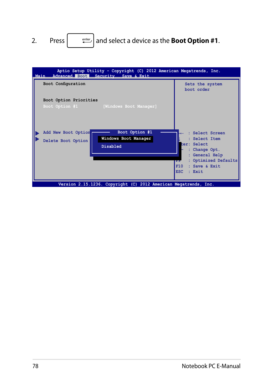Press and select a device as the boot option #1 | Asus T300LA User Manual | Page 78 / 120