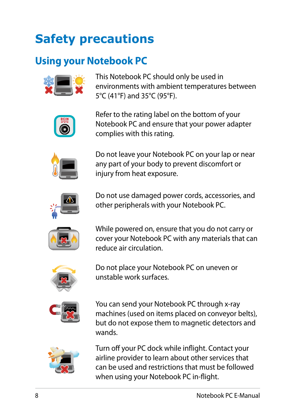 Safety precautions, Using your notebook pc | Asus T300LA User Manual | Page 8 / 120