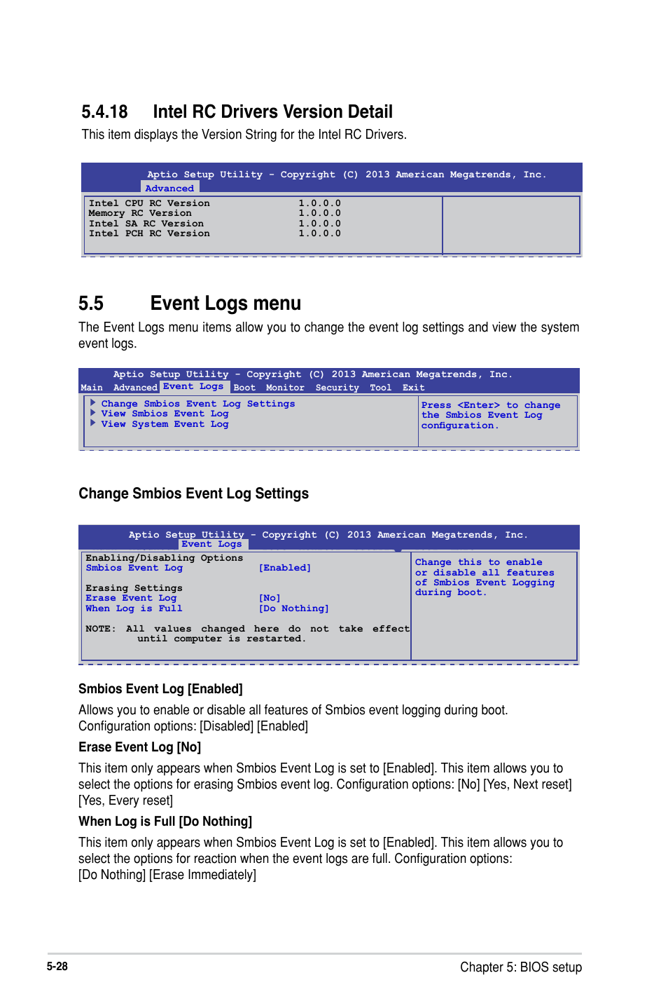 18 intel rc drivers version detail, 5 event logs menu, 18 intel rc drivers version detail -28 | Event logs menu -28, Change smbios event log settings, Chapter 5: bios setup | Asus RS300-H8-PS12 User Manual | Page 100 / 192