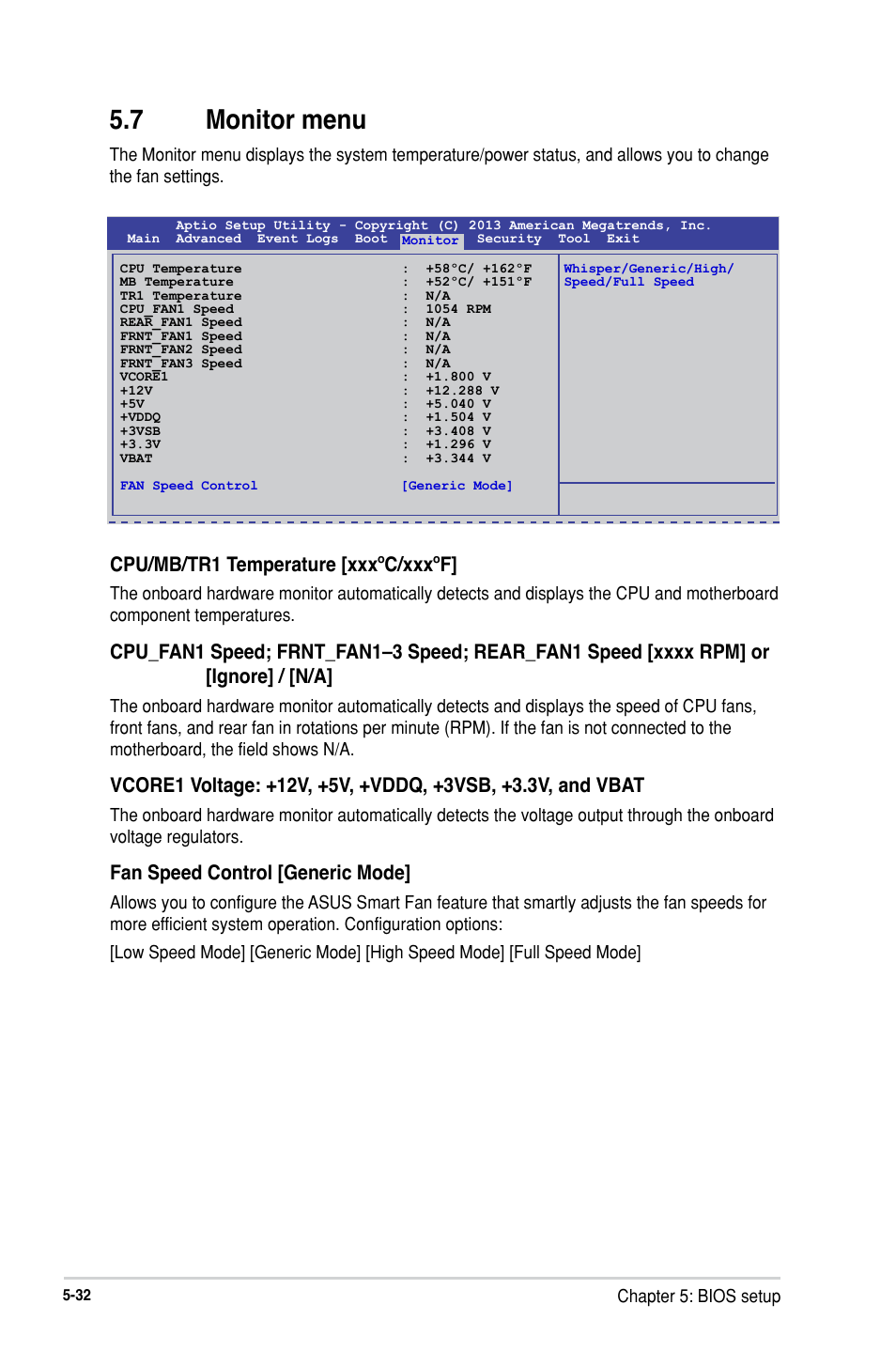 7 monitor menu, Monitor menu -32, Cpu/mb/tr1 temperature [xxxºc/xxxºf | Fan speed control [generic mode | Asus RS300-H8-PS12 User Manual | Page 104 / 192