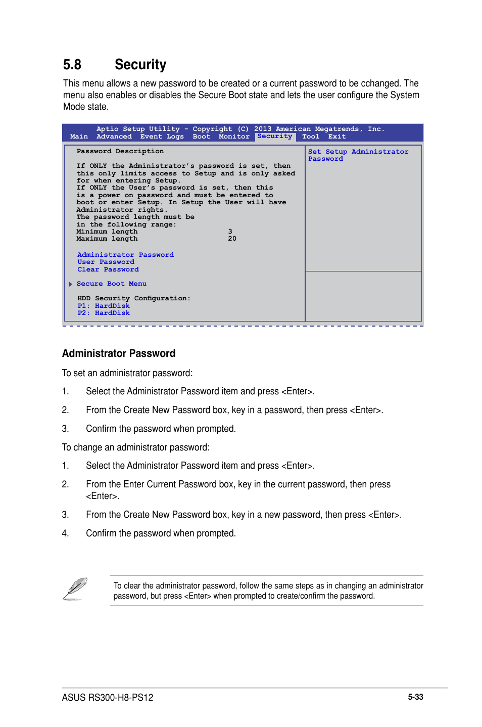 8 security, Security -33, Administrator password | Asus RS300-H8-PS12 User Manual | Page 105 / 192