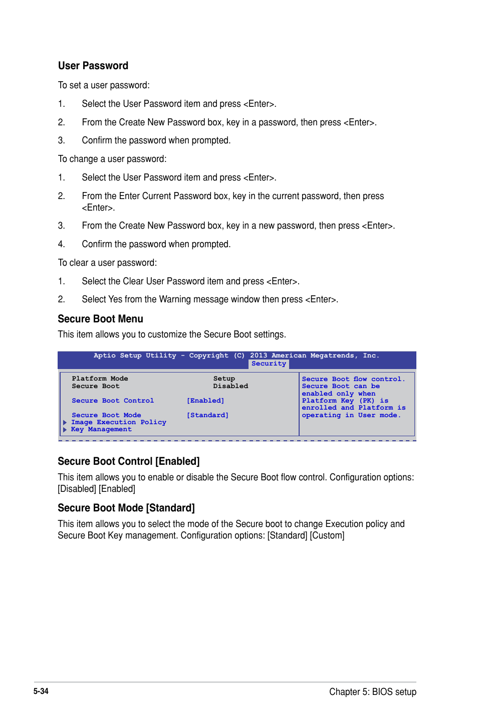 User password, Secure boot menu, Secure boot control [enabled | Secure boot mode [standard | Asus RS300-H8-PS12 User Manual | Page 106 / 192