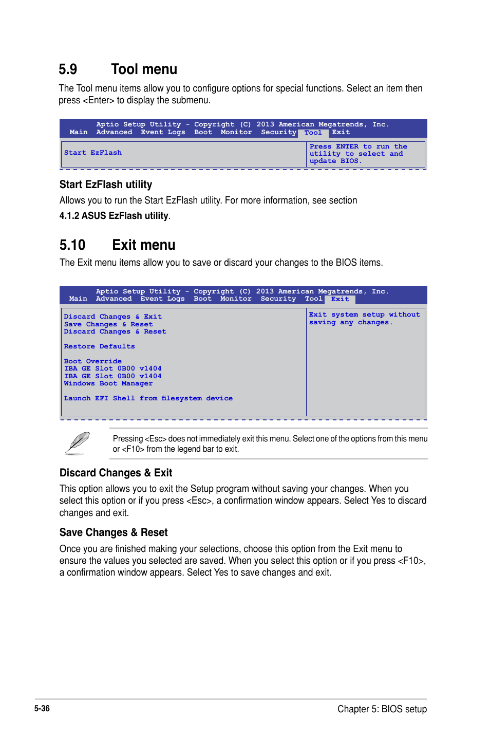 9 tool menu, 10 exit menu, Tool menu -36 | 10 exit menu -36, Discard changes & exit, Save changes & reset, Start ezflash utility | Asus RS300-H8-PS12 User Manual | Page 108 / 192