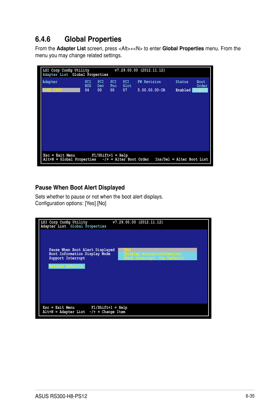 6 global properties, Global properties -35, Pause when boot alert displayed | Asus RS300-H8-PS12 User Manual | Page 145 / 192