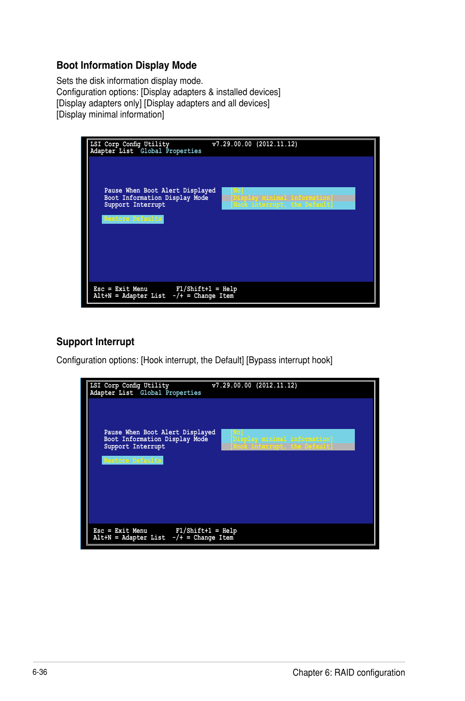 Boot information display mode, Support interrupt, Chapter 6: raid configuration | Asus RS300-H8-PS12 User Manual | Page 146 / 192