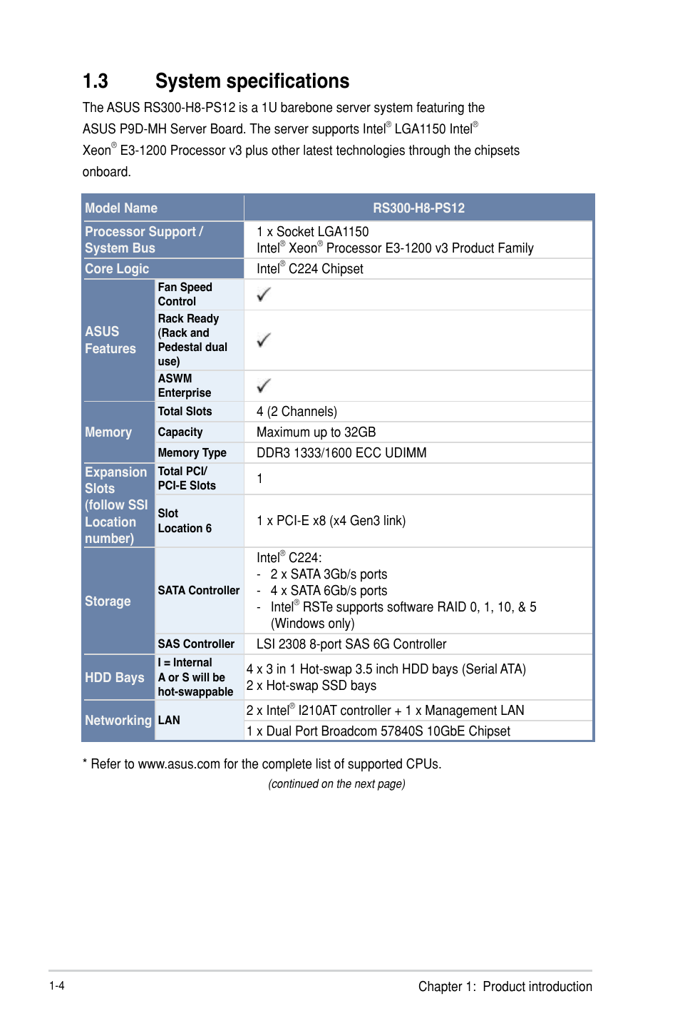 3 system specifications, System specifications -4 | Asus RS300-H8-PS12 User Manual | Page 16 / 192