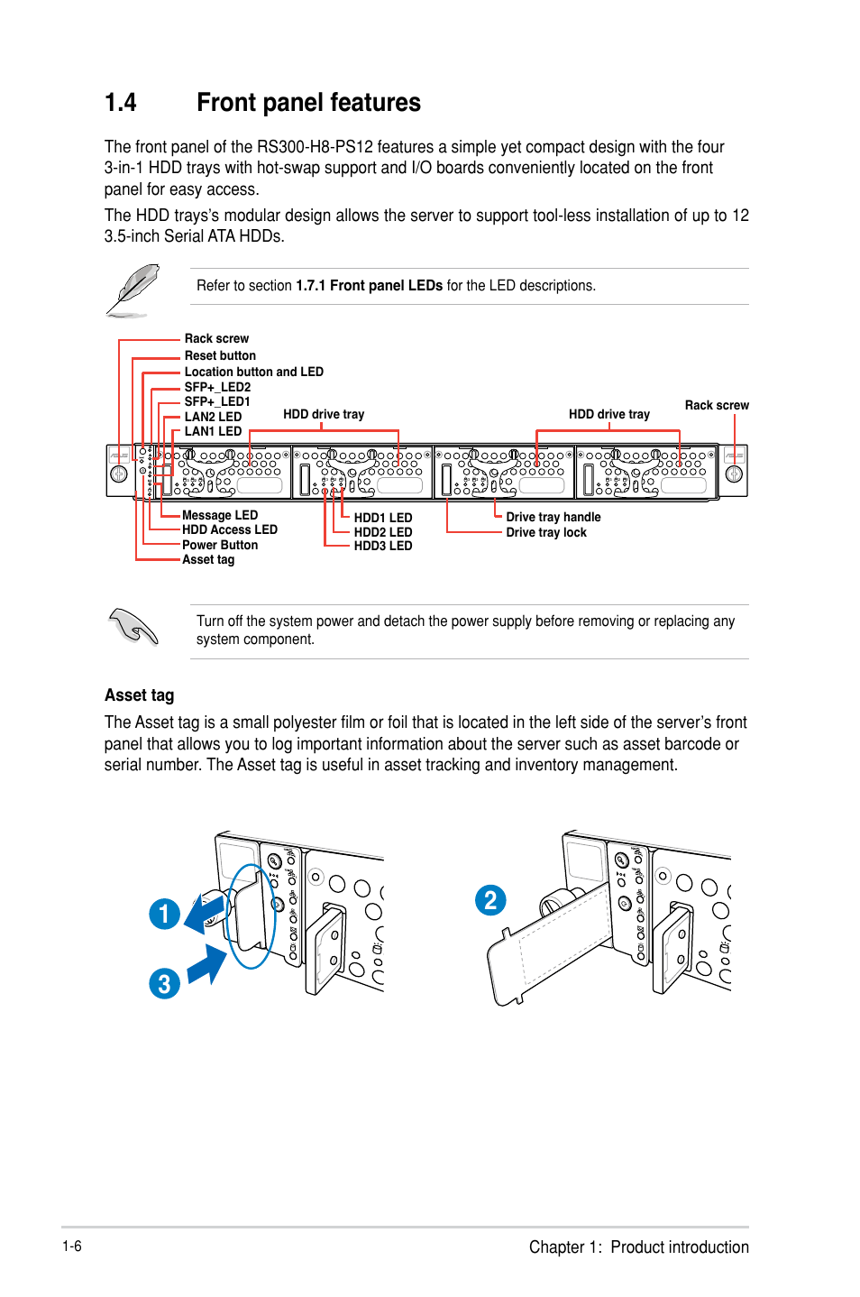 4 front panel features, Front panel features -6, Chapter 1: product introduction | Asus RS300-H8-PS12 User Manual | Page 18 / 192