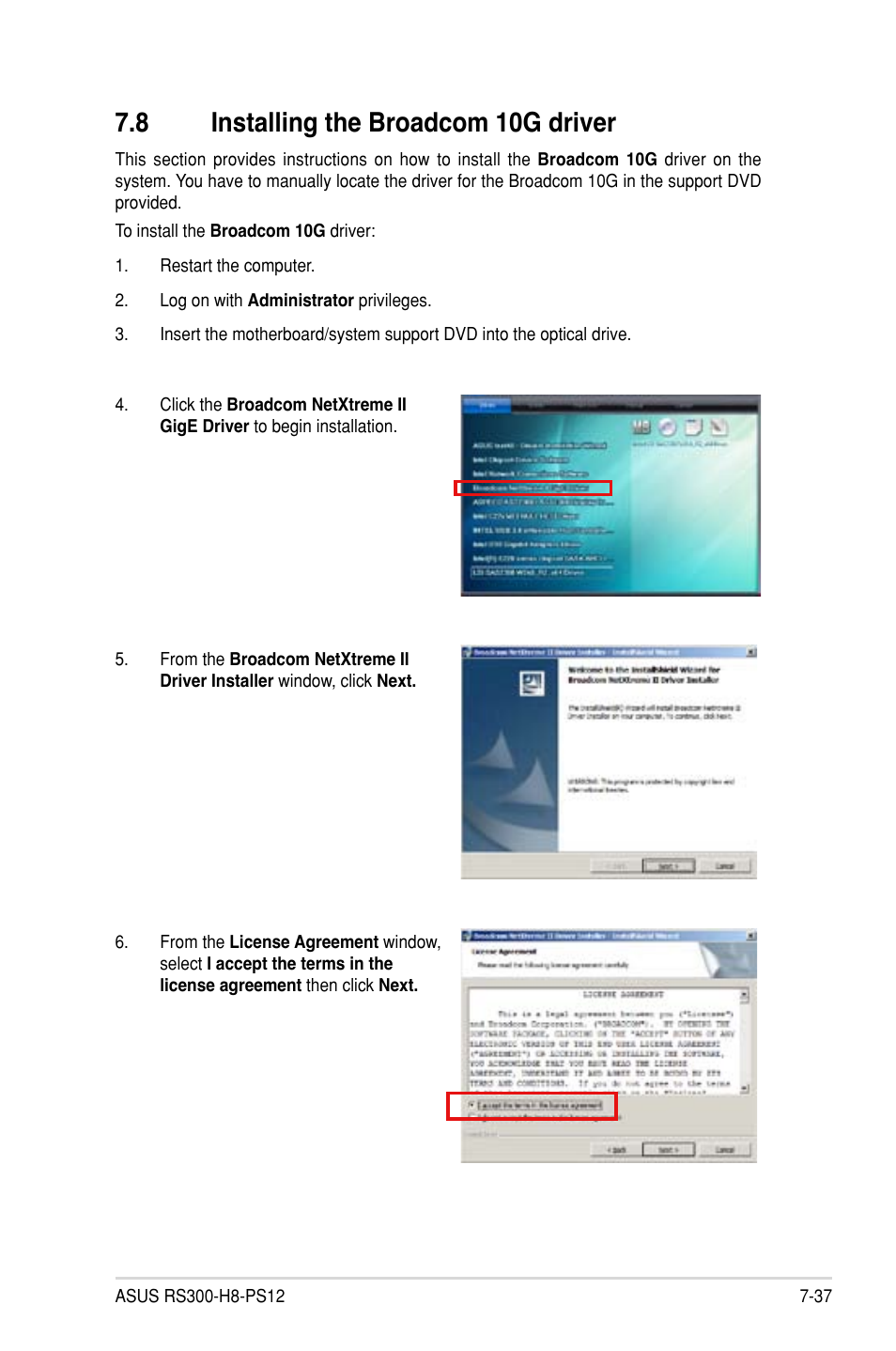 8 installing the broadcom 10g driver, Installing the broadcom 10g driver -37 | Asus RS300-H8-PS12 User Manual | Page 185 / 192