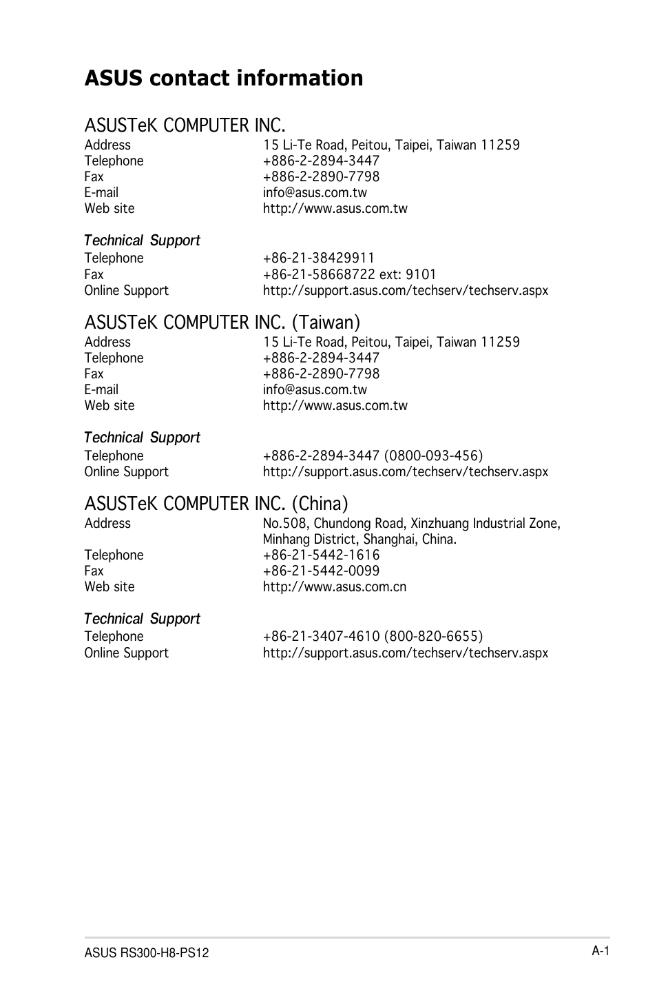 Asus contact information, Asustek computer inc, Asustek computer inc. (taiwan) | Asustek computer inc. (china), Technical support | Asus RS300-H8-PS12 User Manual | Page 189 / 192