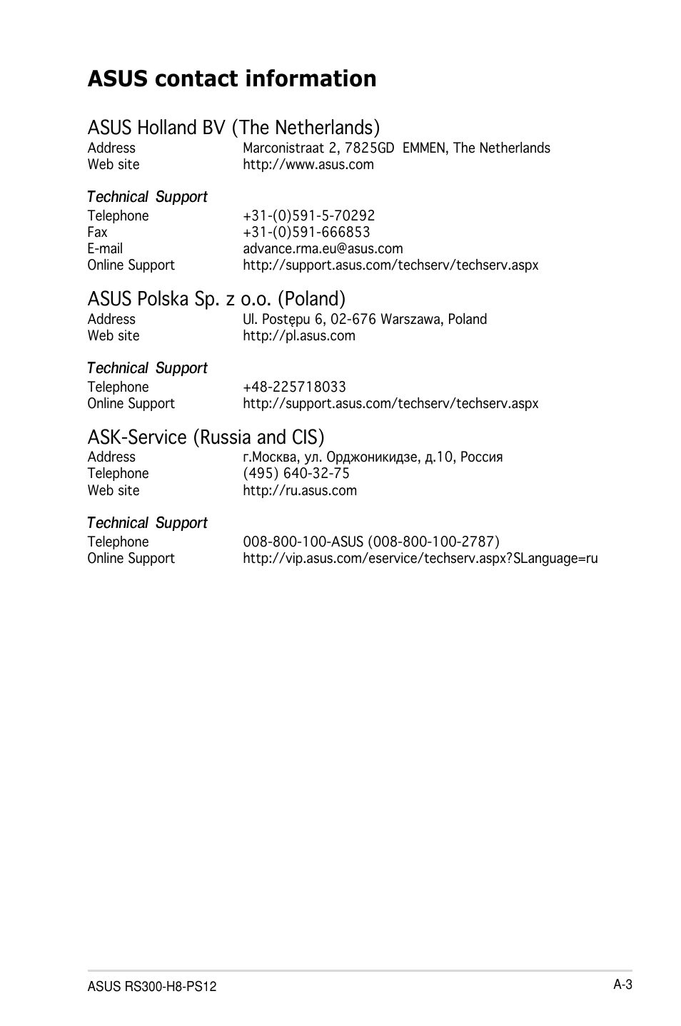 Asus contact information, Asus holland bv (the netherlands), Asus polska sp. z o.o. (poland) | Ask-service (russia and cis), Technical support | Asus RS300-H8-PS12 User Manual | Page 191 / 192