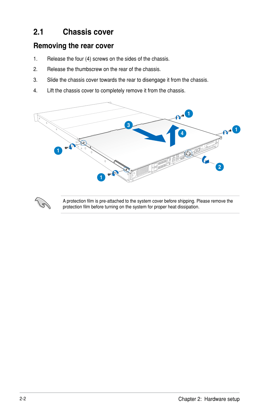1 chassis cover, Chassis cover -2, Removing the rear cover | Asus RS300-H8-PS12 User Manual | Page 24 / 192