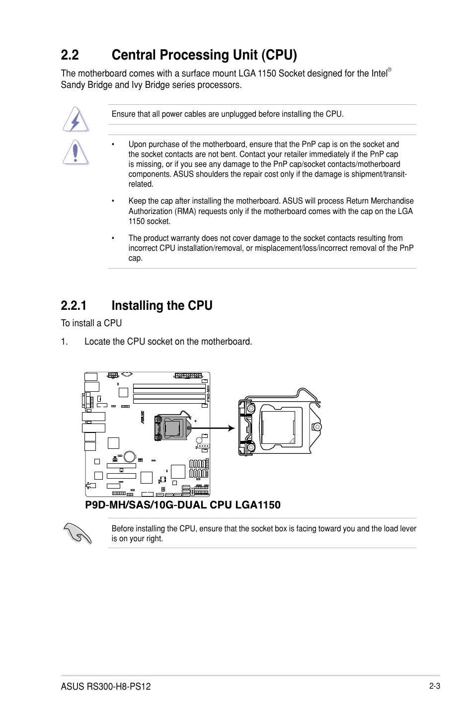 2 central processing unit (cpu), 1 installing the cpu, Central processing unit (cpu) -3 2.2.1 | Installing the cpu -3 | Asus RS300-H8-PS12 User Manual | Page 25 / 192