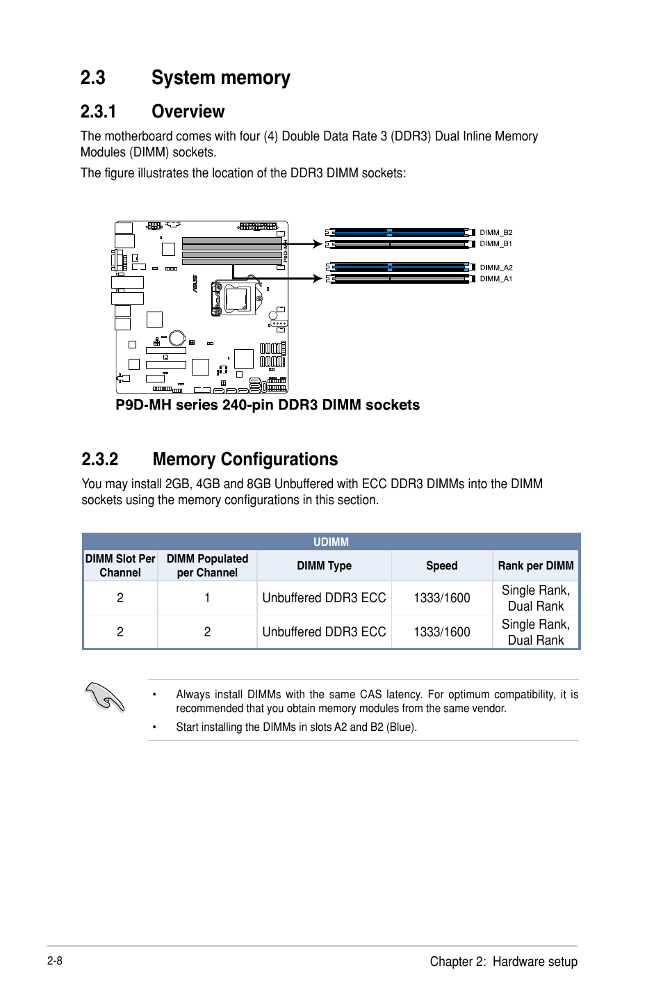 3 system memory, 1 overview, 2 memory configurations | System memory -8 2.3.1, Overview -8, Memory configurations -8 | Asus RS300-H8-PS12 User Manual | Page 30 / 192