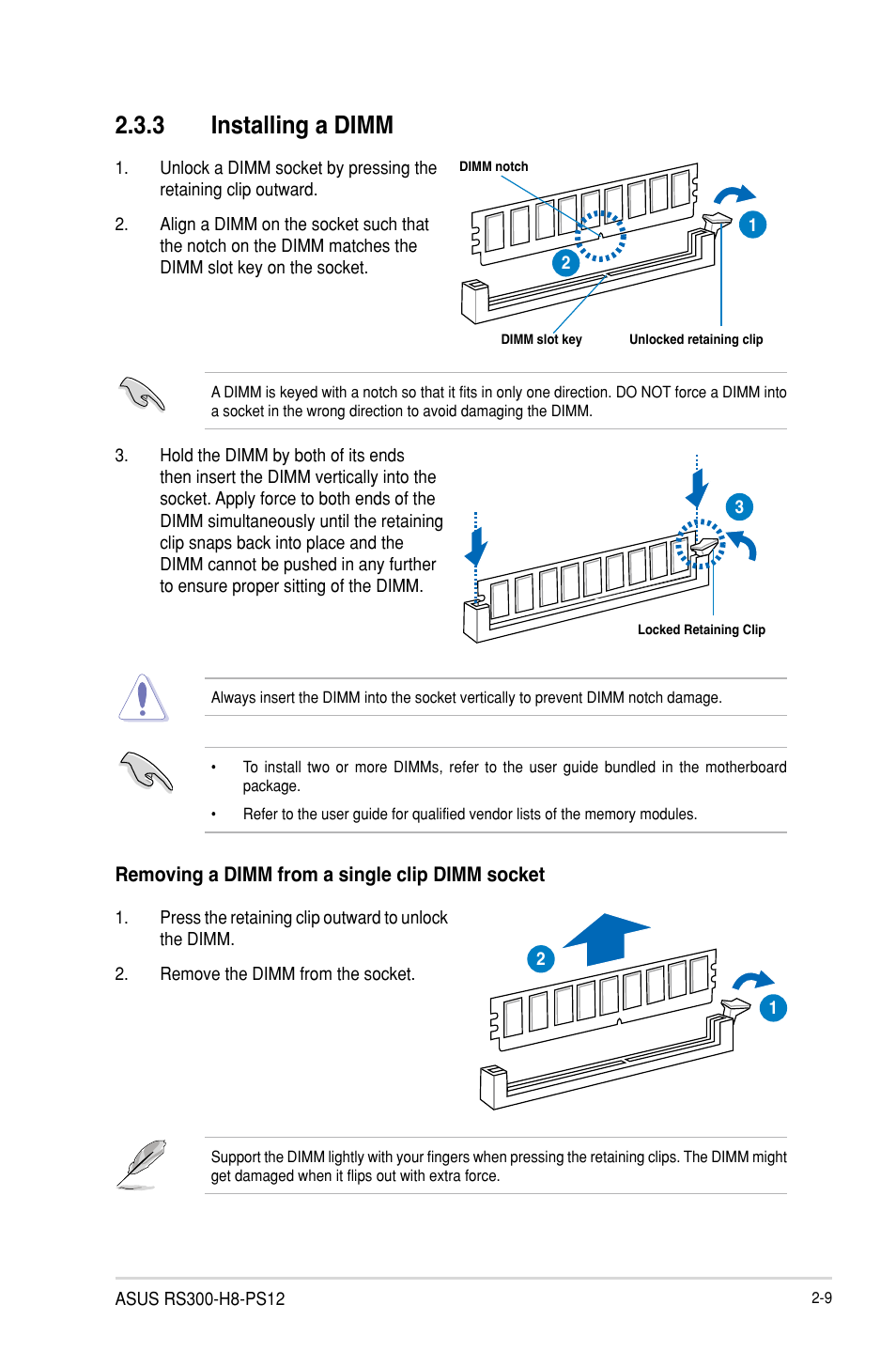 3 installing a dimm, Installing a dimm -9 | Asus RS300-H8-PS12 User Manual | Page 31 / 192