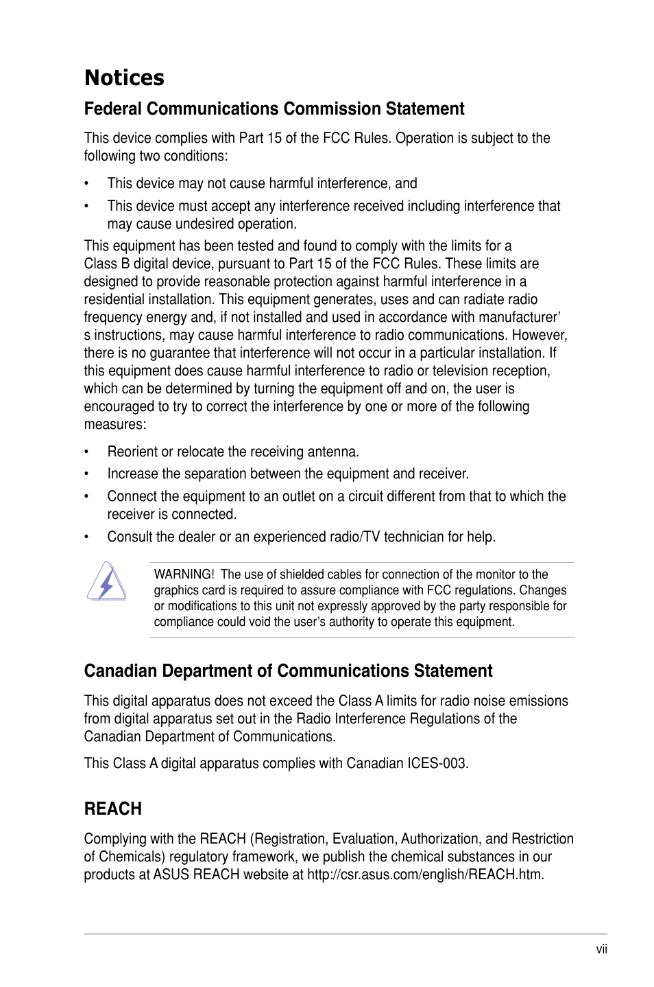 Notices, Reach, Federal communications commission statement | Canadian department of communications statement | Asus RS300-H8-PS12 User Manual | Page 7 / 192