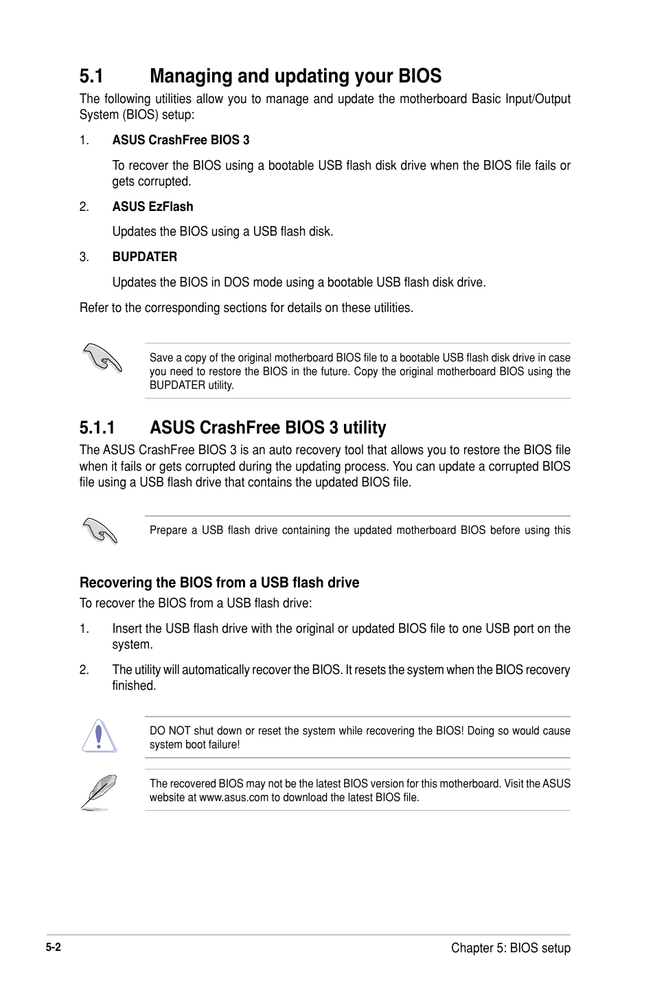 1 managing and updating your bios, 1 asus crashfree bios 3 utility, Managing and updating your bios -2 5.1.1 | Asus crashfree bios 3 utility -2 | Asus RS300-H8-PS12 User Manual | Page 74 / 192