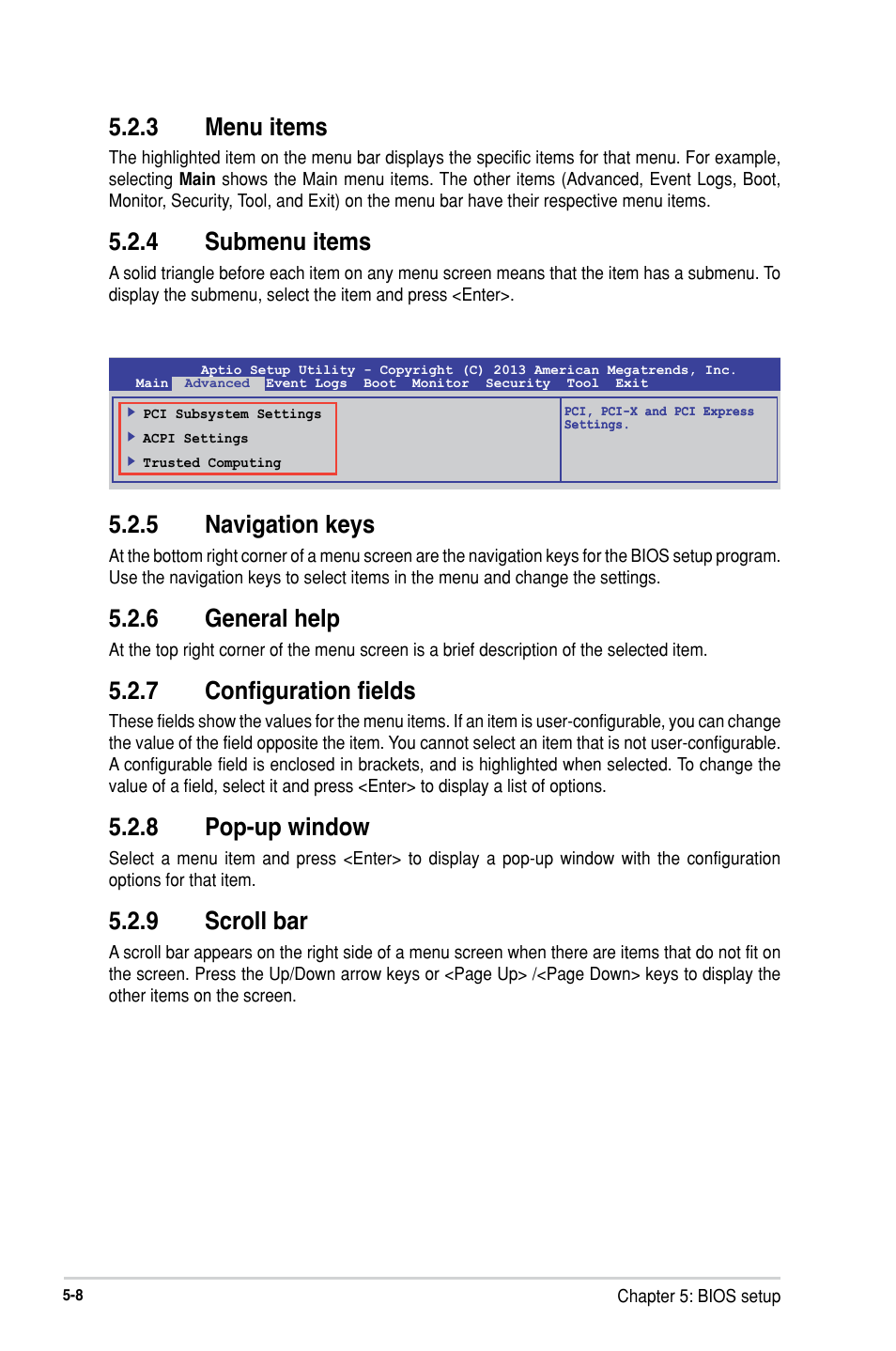 3 menu items, 4 submenu items, 5 navigation keys | 6 general help, 7 configuration fields, 8 pop-up window, 9 scroll bar, Menu items -8, Submenu items -8, Navigation keys -8 | Asus RS300-H8-PS12 User Manual | Page 80 / 192