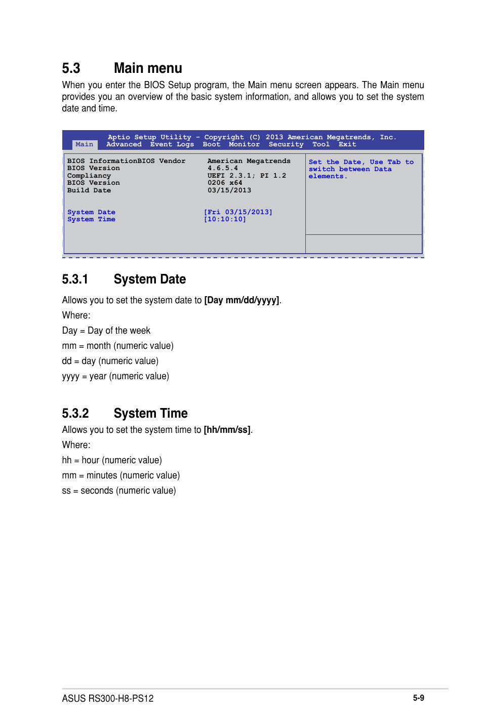 3 main menu, 1 system date, 2 system time | Main menu -9 5.3.1, System date -9, System time -9 | Asus RS300-H8-PS12 User Manual | Page 81 / 192