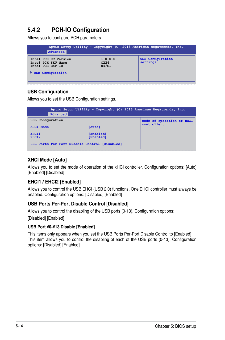 2 pch-io configuration, Pch-io configuration -14, Usb configuration | Xhci mode [auto, Ehci1 / ehci2 [enabled, Usb ports per-port disable control [disabled | Asus RS300-H8-PS12 User Manual | Page 86 / 192