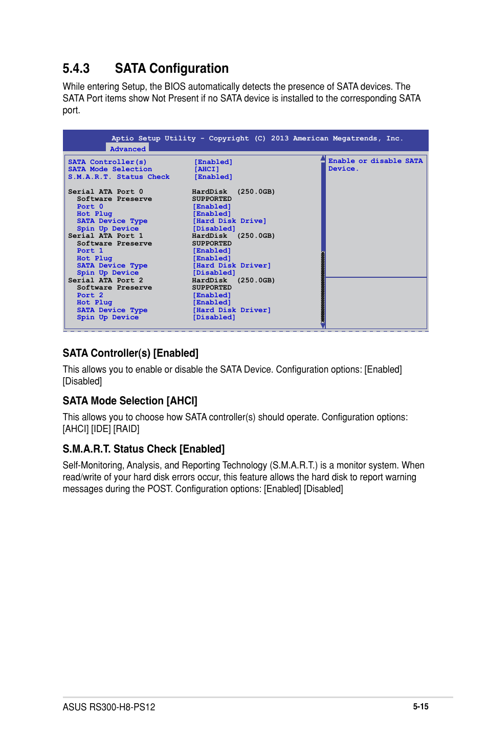 3 sata configuration, Sata configuration -15, Sata controller(s) [enabled | Sata mode selection [ahci, S.m.a.r.t. status check [enabled | Asus RS300-H8-PS12 User Manual | Page 87 / 192