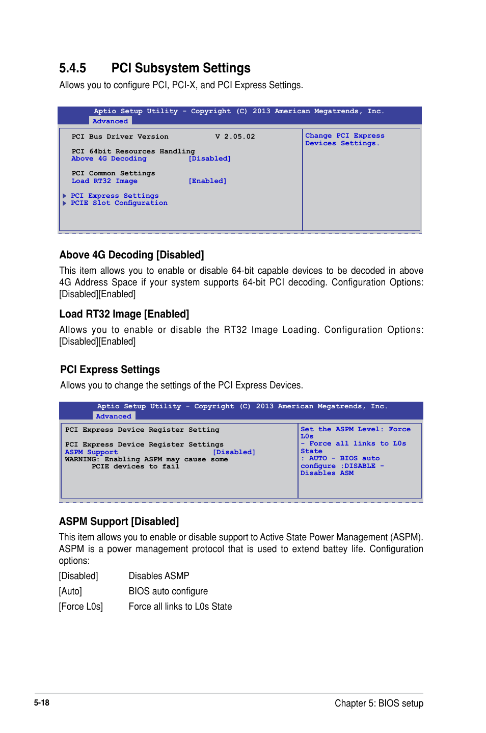 5 pci subsystem settings, Pci subsystem settings -18, Above 4g decoding [disabled | Load rt32 image [enabled, Pci express settings, Aspm support [disabled | Asus RS300-H8-PS12 User Manual | Page 90 / 192