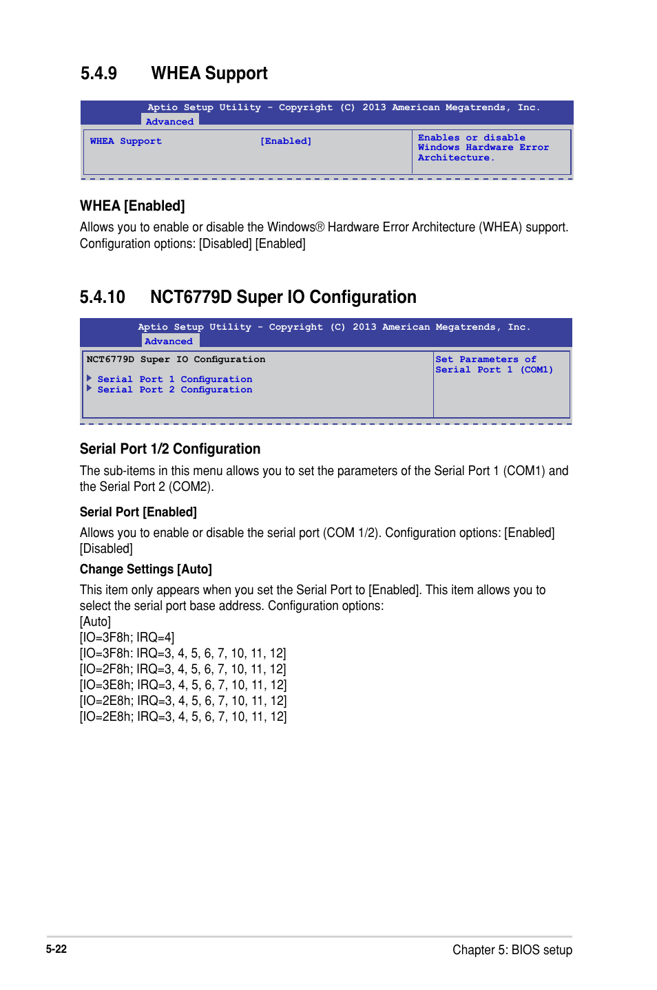 9 whea support, 10 nct6779d super io configuration, Whea support -22 | 10 nct6779d super io configuration -22, Whea [enabled, Serial port 1/2 configuration | Asus RS300-H8-PS12 User Manual | Page 94 / 192