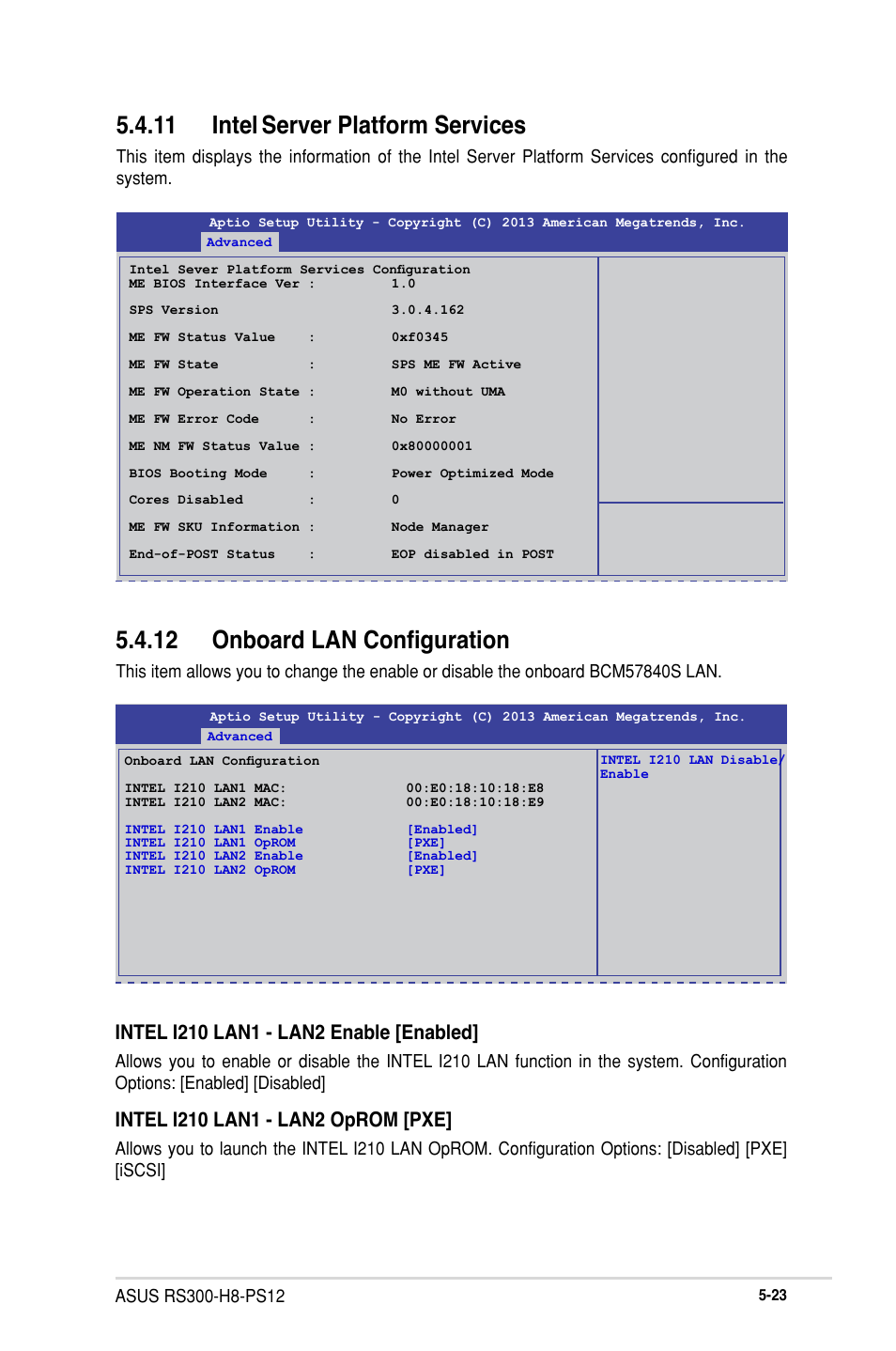 11 intel server platform services, 12 onboard lan configuration, 11 intel | Server platform services -23, 12 onboard lan configuration -23, Server platform services | Asus RS300-H8-PS12 User Manual | Page 95 / 192