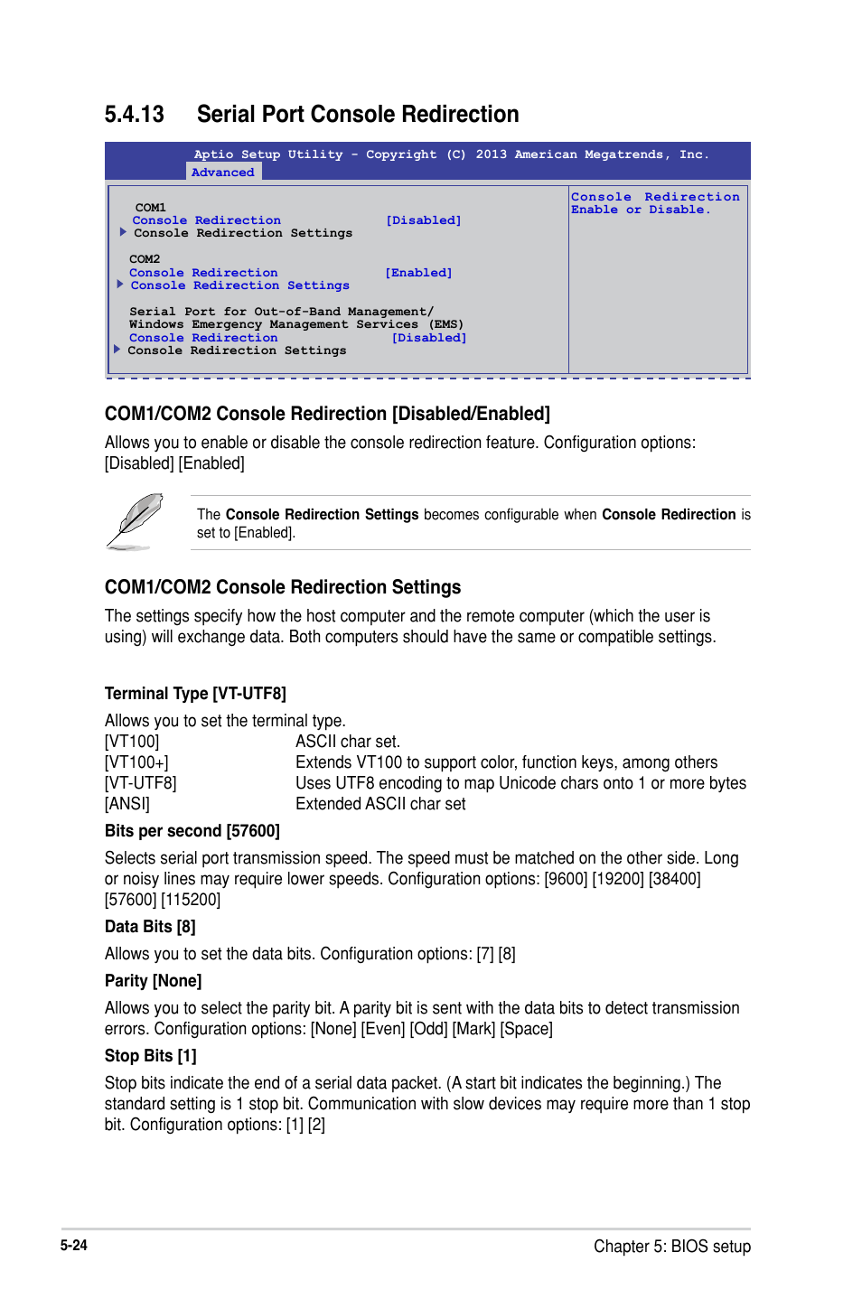 13 serial port console redirection, 13 serial port console redirection -24, Com1/com2 console redirection [disabled/enabled | Com1/com2 console redirection settings | Asus RS300-H8-PS12 User Manual | Page 96 / 192