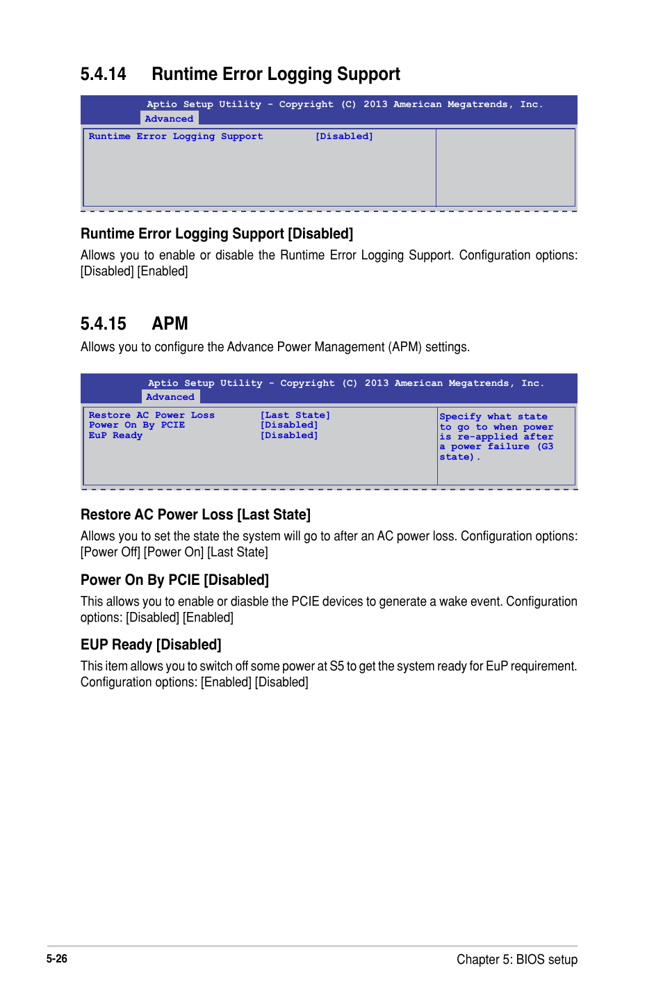 14 runtime error logging support, 15 apm, Restore ac power loss [last state | Power on by pcie [disabled, Eup ready [disabled, Runtime error logging support [disabled | Asus RS300-H8-PS12 User Manual | Page 98 / 192