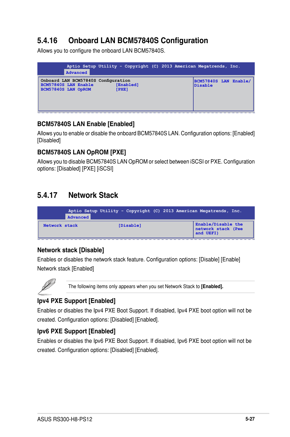 16 onboard lan bcm57840s configuration, 17 network stack, Network stack [disable | Ipv4 pxe support [enabled, Ipv6 pxe support [enabled | Asus RS300-H8-PS12 User Manual | Page 99 / 192