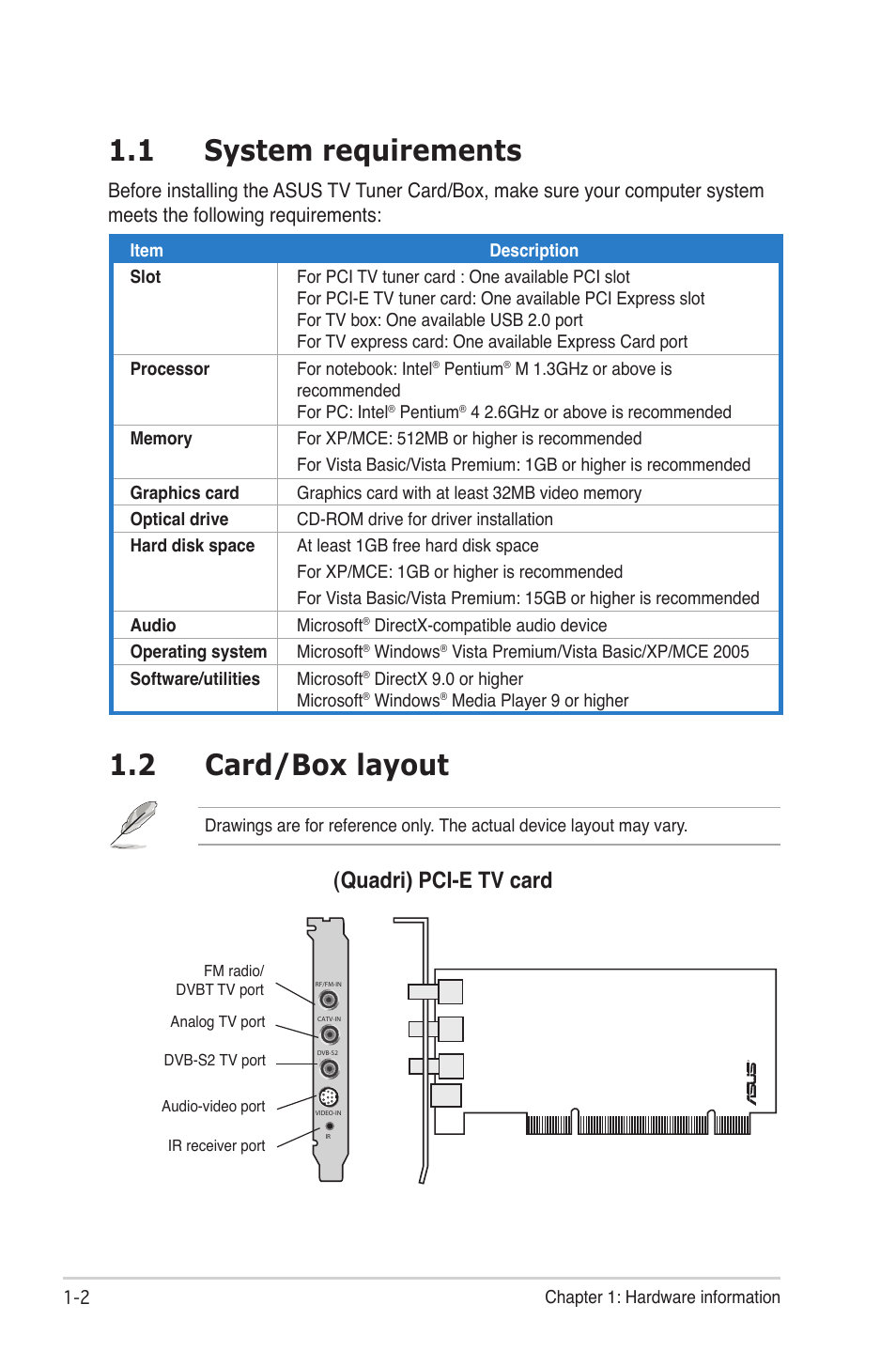 1 system requirements, 2 card/box layout, Quadri) pci-e tv card | Asus My Cinema-U3000Mini User Manual | Page 10 / 42