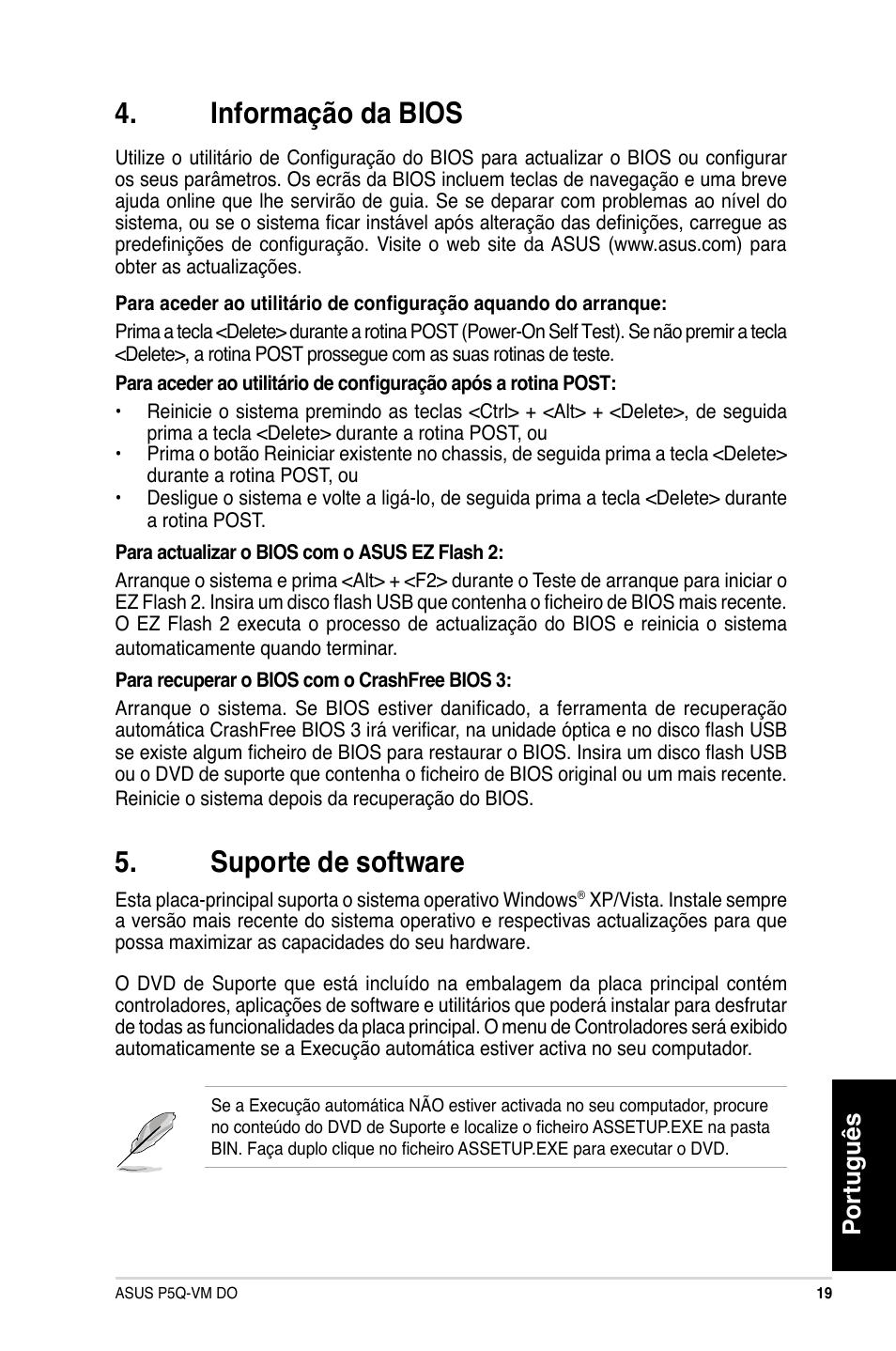 Informação da bios, Suporte de software, Português | Asus P5Q-VM DO User Manual | Page 19 / 38