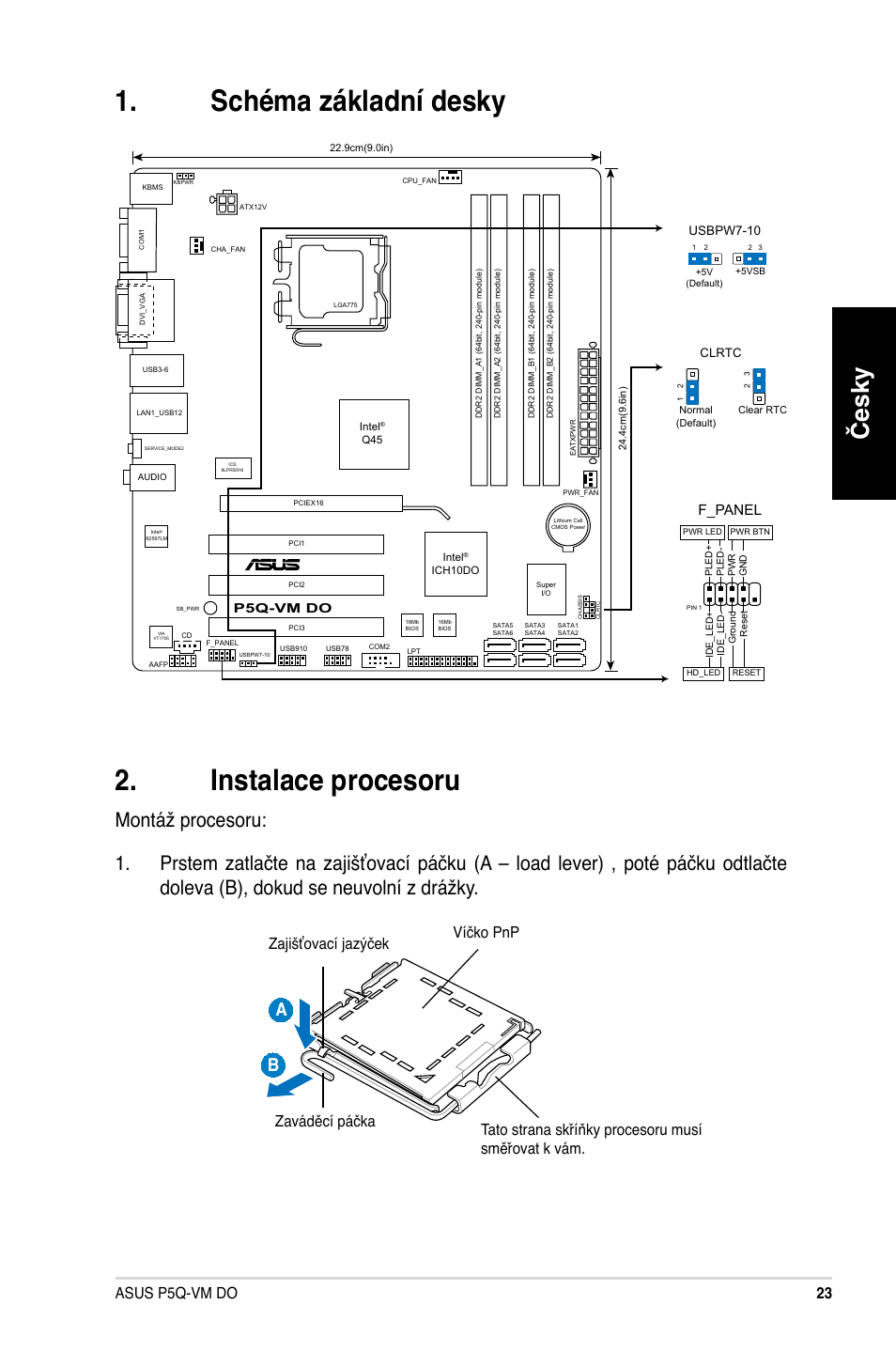 Schéma základní desky 2. instalace procesoru, Česky, 2 asus p5q-vm do | F_panel | Asus P5Q-VM DO User Manual | Page 23 / 38