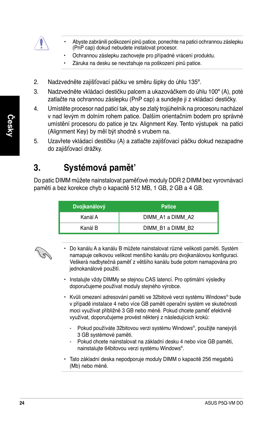 Systémová pamět, Česky | Asus P5Q-VM DO User Manual | Page 24 / 38