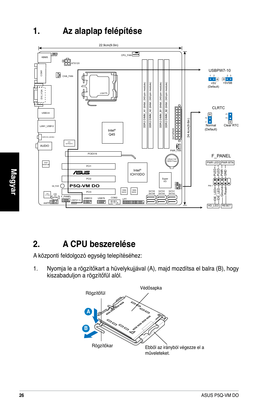 Az alaplap felépítése 2. a cpu beszerelése, Magyar, 2 asus p5q-vm do | F_panel | Asus P5Q-VM DO User Manual | Page 26 / 38
