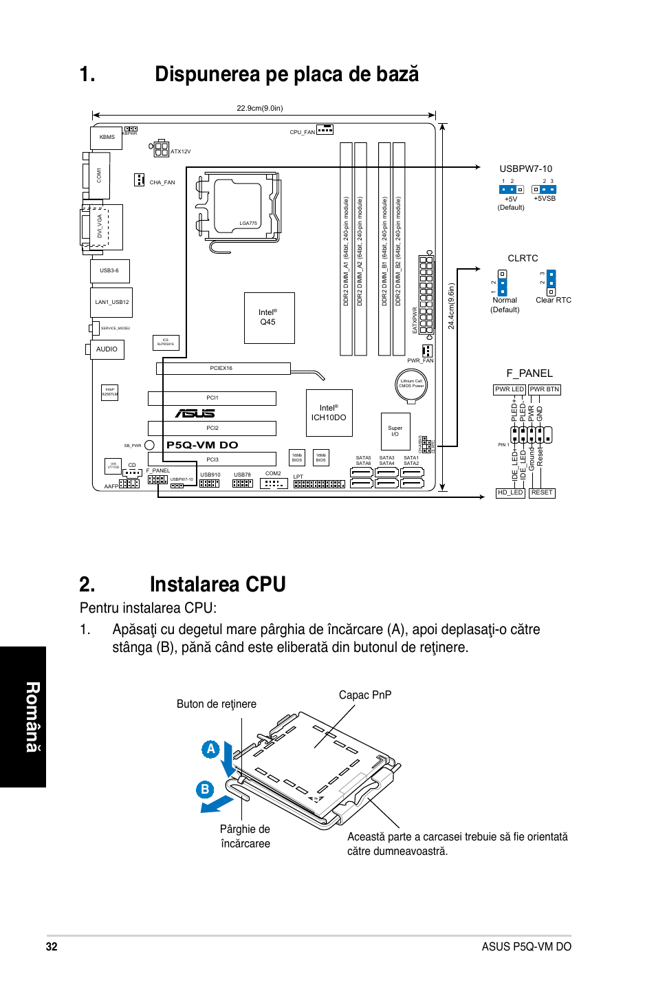 Dispunerea pe placa de bază 2. instalarea cpu, Română, 2 asus p5q-vm do | F_panel | Asus P5Q-VM DO User Manual | Page 32 / 38