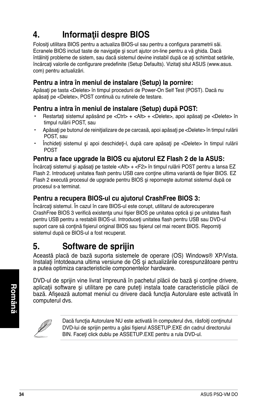 Informaţii despre bios, Software de sprijin, Română | Asus P5Q-VM DO User Manual | Page 34 / 38