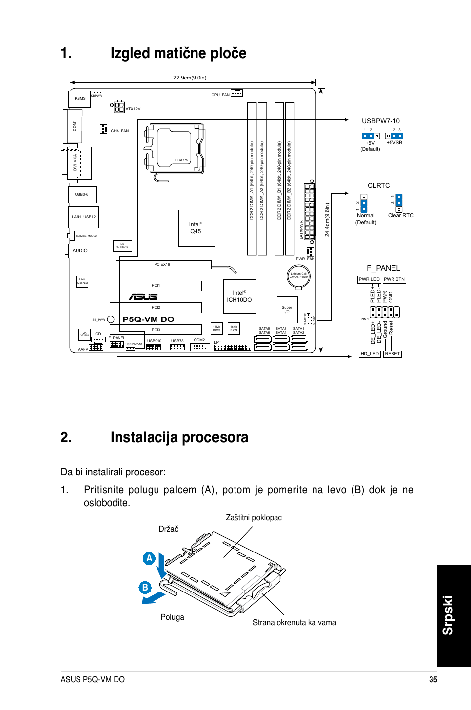 Izgled matične ploče 2. instalacija procesora, Srpski, 5 asus p5q-vm do | F_panel | Asus P5Q-VM DO User Manual | Page 35 / 38