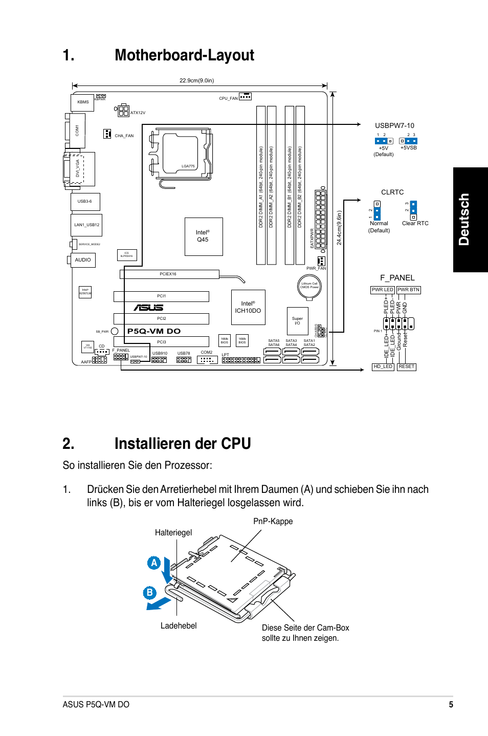 Motherboard-layout 2. installieren der cpu, Deutsch, 5asus p5q-vm do | F_panel | Asus P5Q-VM DO User Manual | Page 5 / 38