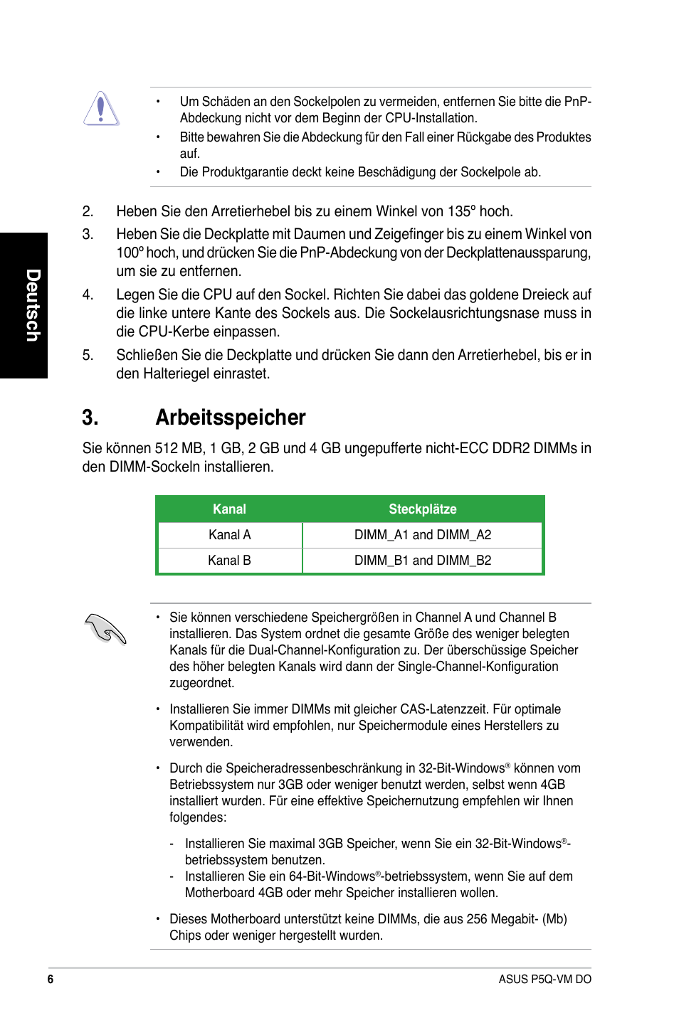 Arbeitsspeicher, Deutsch | Asus P5Q-VM DO User Manual | Page 6 / 38