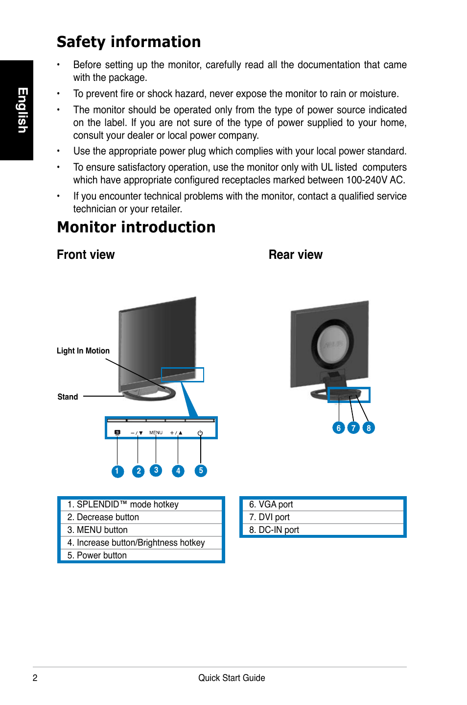 Safety information, Monitor introduction, English | Front view rear view | Asus LS201D User Manual | Page 2 / 4