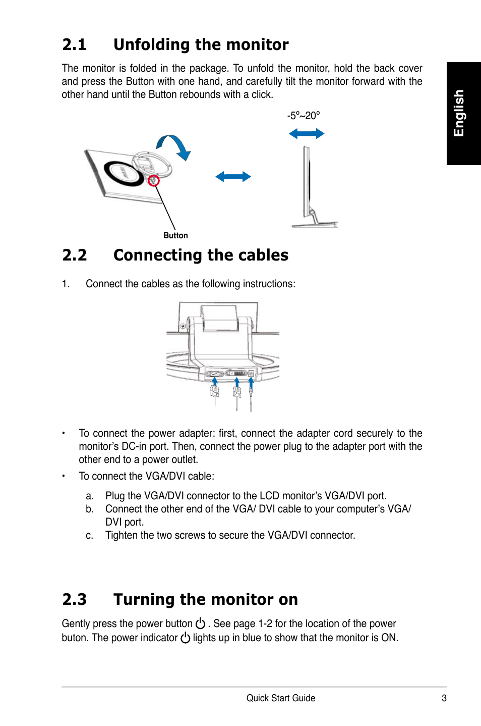 1 unfolding the monitor, 2 connecting the cables, 3 turning the monitor on | Asus LS201D User Manual | Page 3 / 4