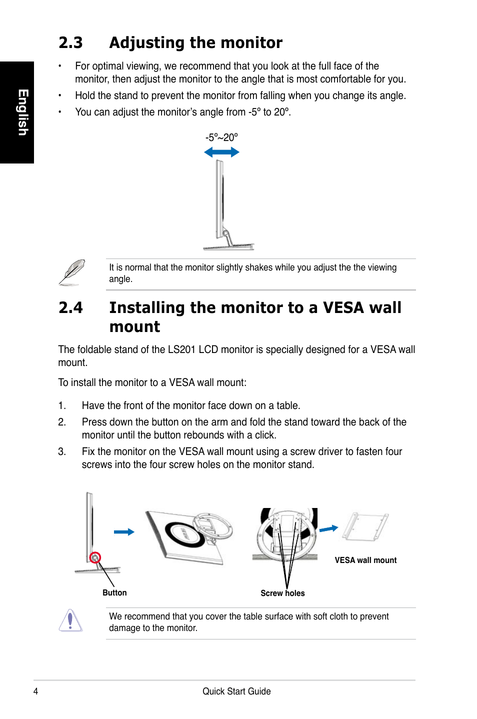 3 adjusting the monitor, 4 installing the monitor to a vesa wall mount, English | Asus LS201D User Manual | Page 4 / 4