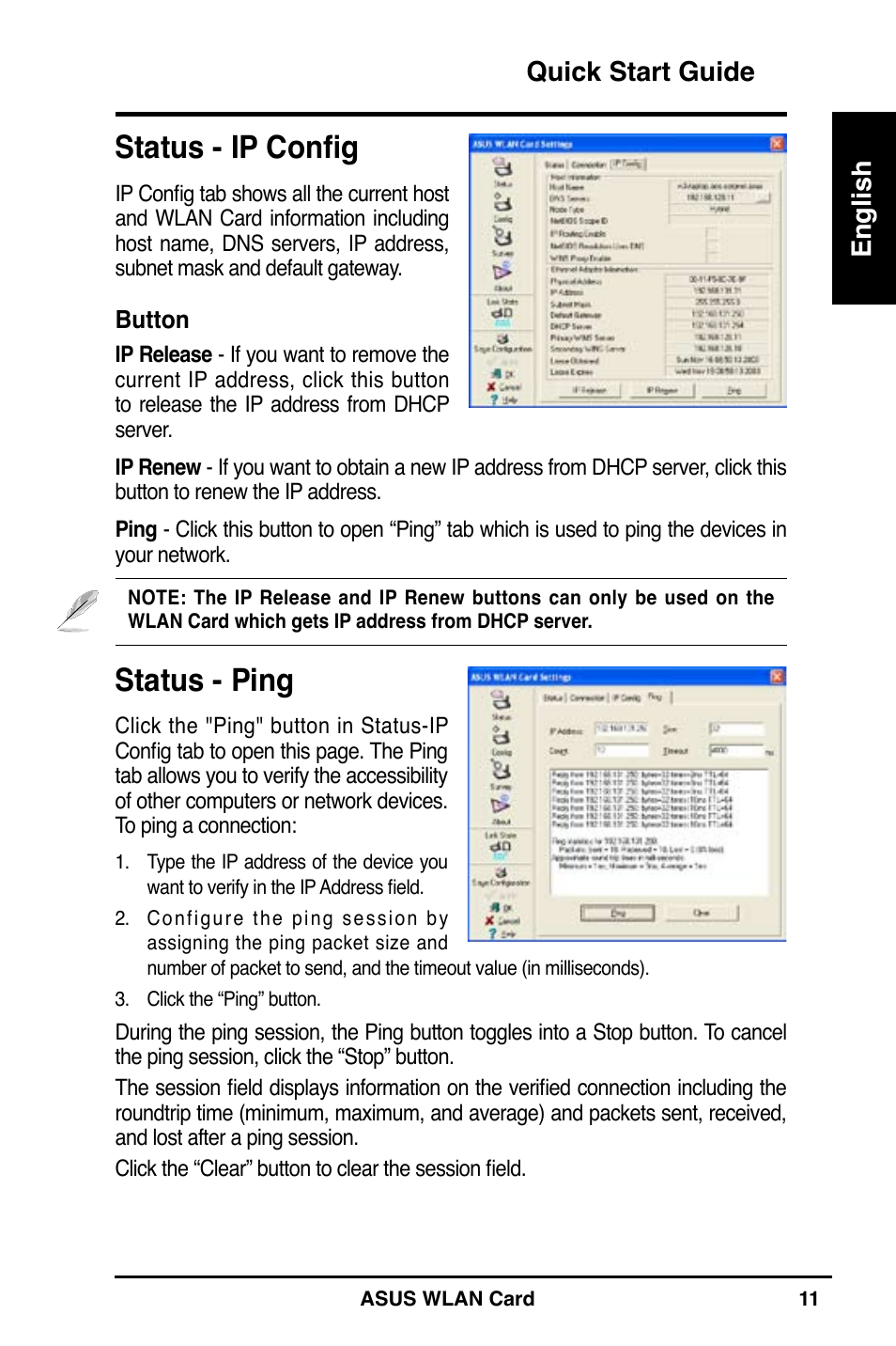 Status - ip config, Status - ping, Quick start guide english | Asus WL-100W User Manual | Page 12 / 127