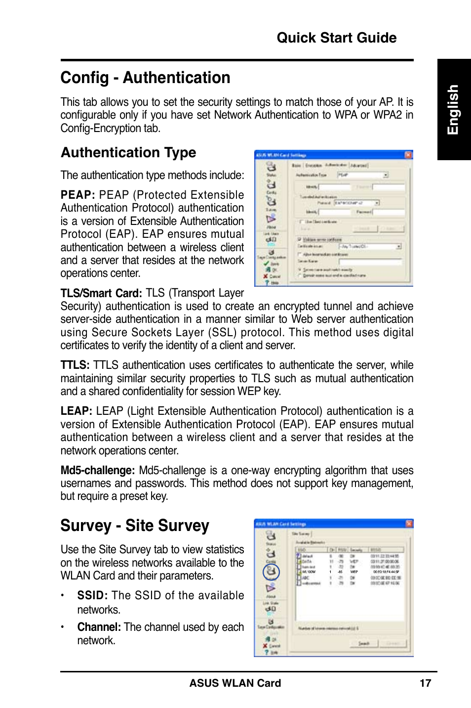 Survey - site survey, Config - authentication | Asus WL-100W User Manual | Page 18 / 127