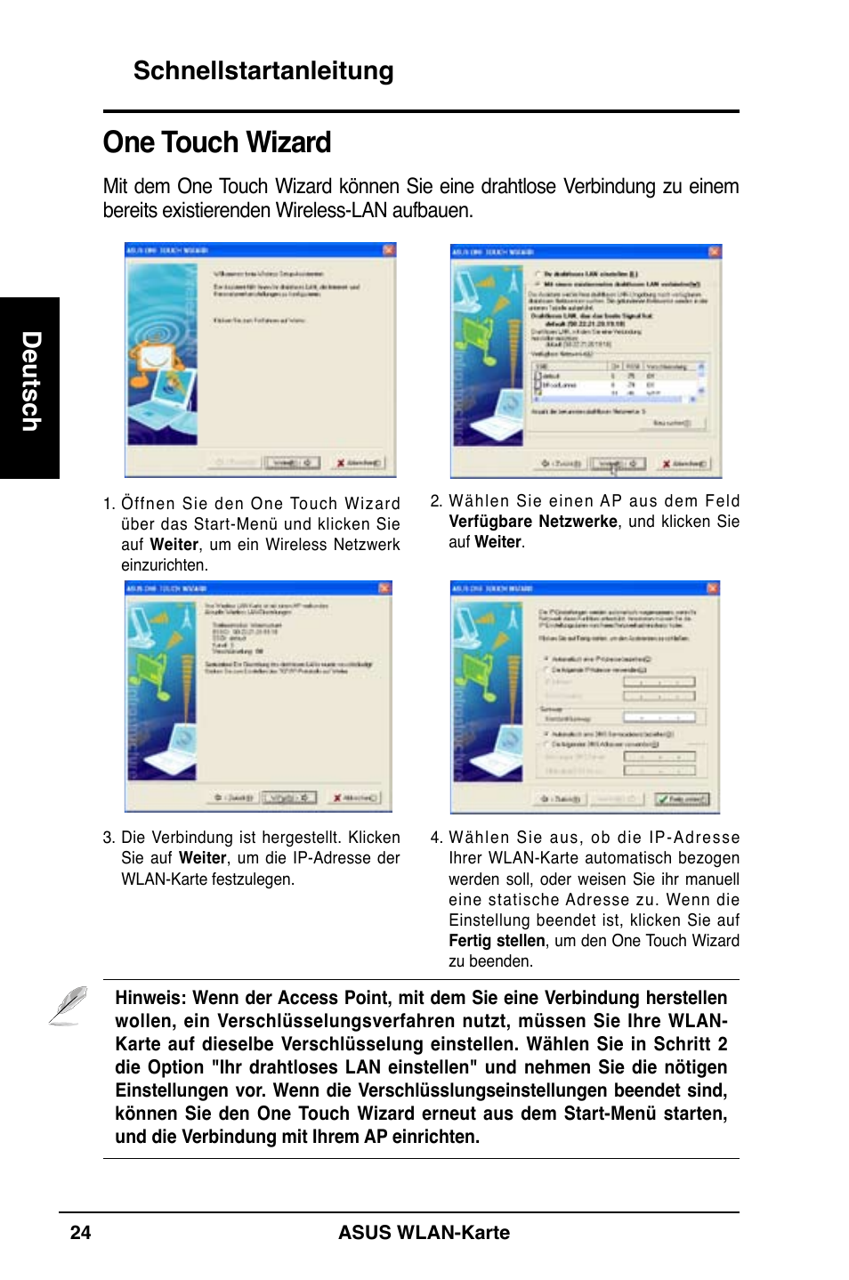 One touch wizard, Schnellstartanleitung deutsch | Asus WL-100W User Manual | Page 25 / 127